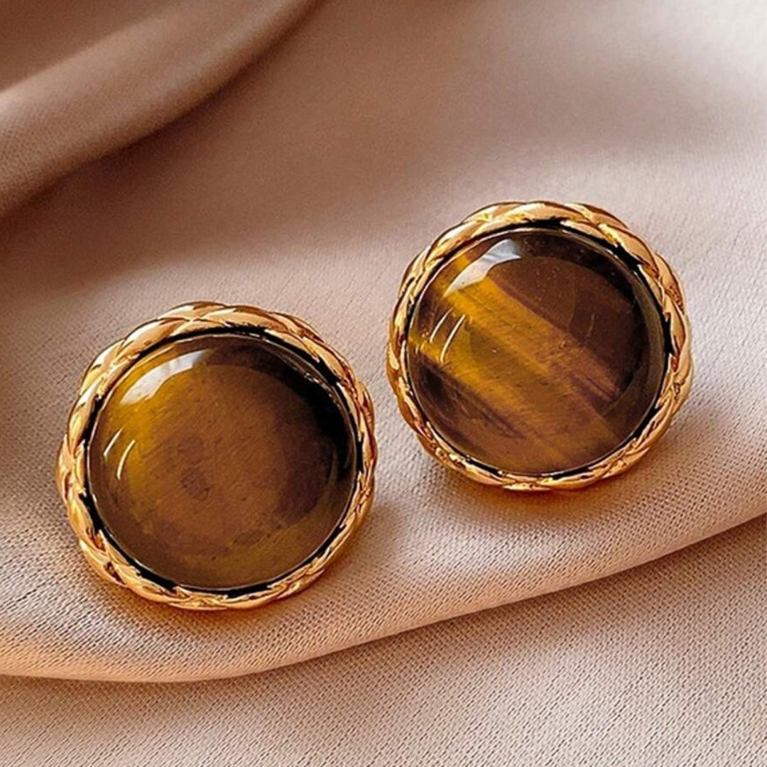 עגילים עגולים בצבע חום וינטג' בזהב