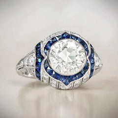 טבעת כסף מעוגלת עם קריסטל לבן וכחול