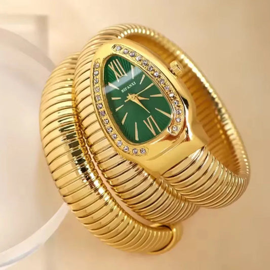 "שעון נשים יוקרתי ואיכותי, מנגנון קוורץ, רצועת מתכת נירוסטה, עיצוב אופנתי בצבע זהב."