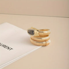 "שעון נשים יוקרתי ואיכותי, מנגנון קוורץ, רצועת מתכת נירוסטה, עיצוב אופנתי בצבע זהב."