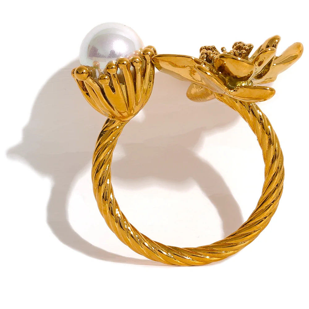 Statement Flower Ring with Decorative Pearl in 18K Gold Plating | Fashionable and Waterproof Jewelry – Euphoria Jewels Co