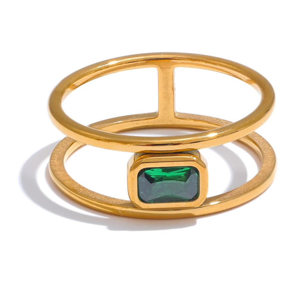 Hollow Layered Green Zirconia Ring, 18K Gold Plated | Elegant Modern Jewelry – Euphoria Jewels Co