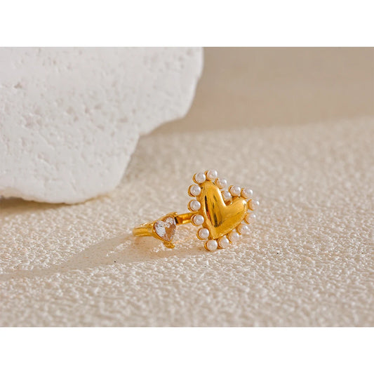 Heart ring with pearl and zirconia, 18k gold plated | Elegant and waterproof open ring – Euphoria Jewels Co