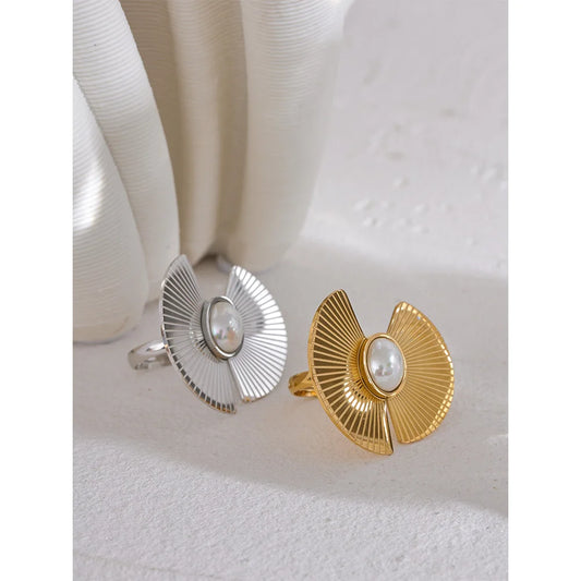 Platinum Plated Fan Flower Ring with Decorative Pearl | Unique Fashion Jewelry – Euphoria Jewels Co