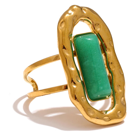 Adjustable Open Ring with Natural Green Agate and 18K Gold Plating | Elegant Jewelry – Euphoria Jewels Co