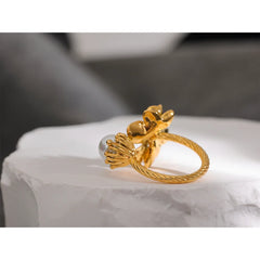 Statement Flower Ring with Decorative Pearl in 18K Gold Plating | Fashionable and Waterproof Jewelry – Euphoria Jewels Co