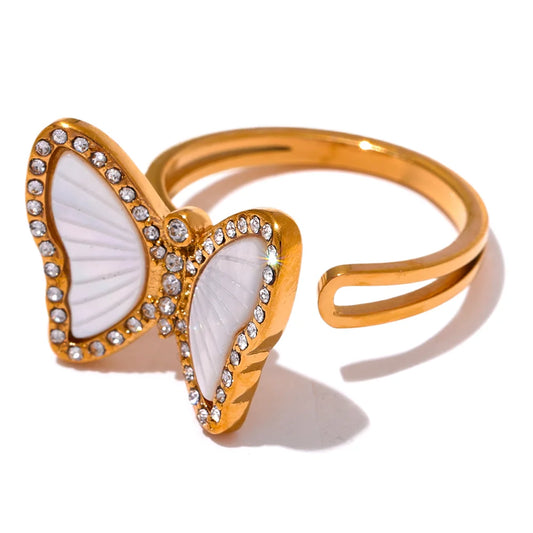 Butterfly Ring with Natural Shell and Zirconia, 18K Gold Plated | Elegant Jewelry – Euphoria Jewels Co