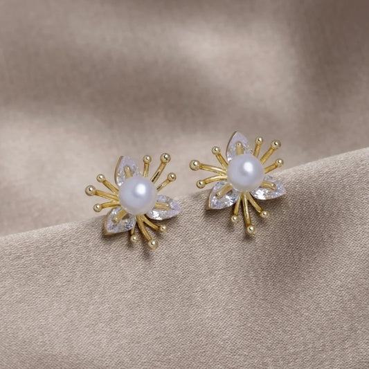 עגילי קריסטל ופנינה פרחוניים